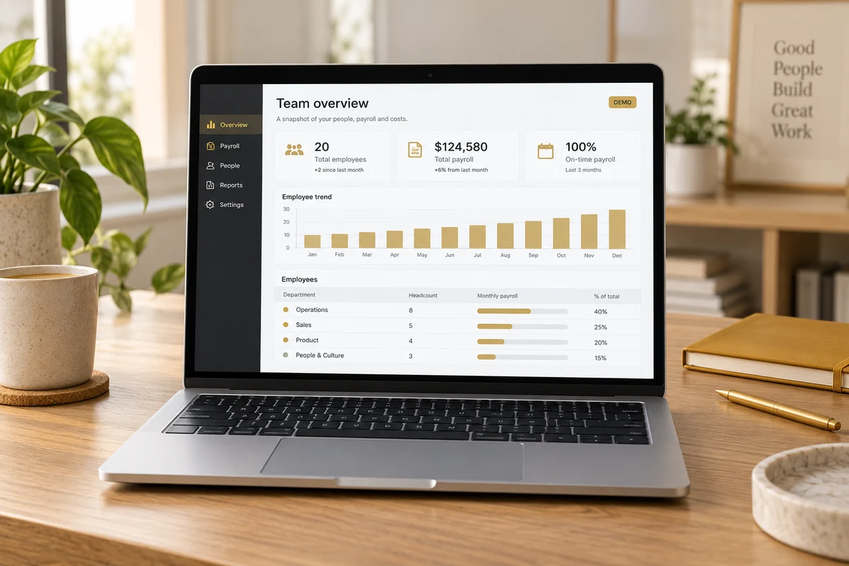 Illustrative payroll workspace shown on a laptop, with sample data