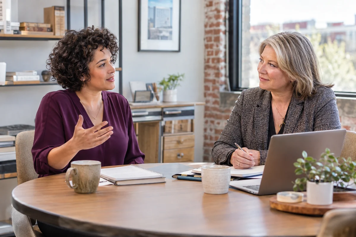 Business owner and advisor discussing priorities at a meeting table