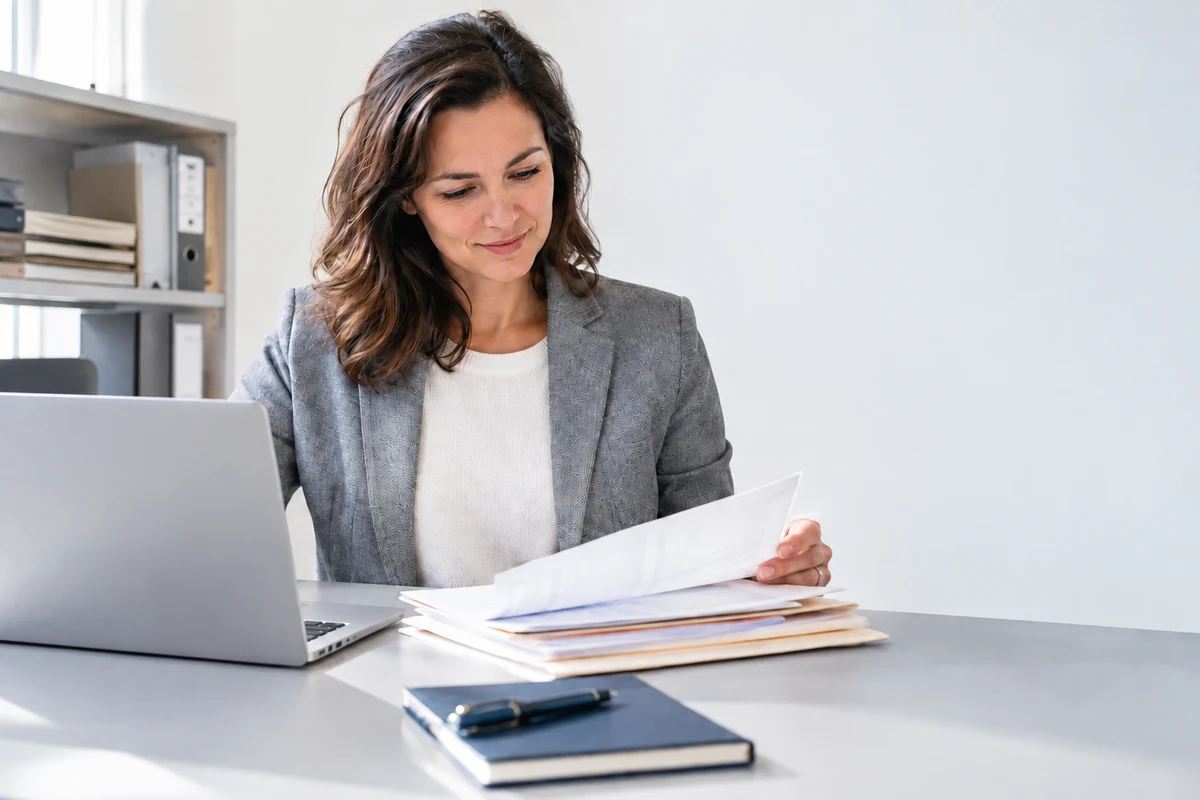 Illustrative office workspace with an administrator reviewing organized records beside a laptop