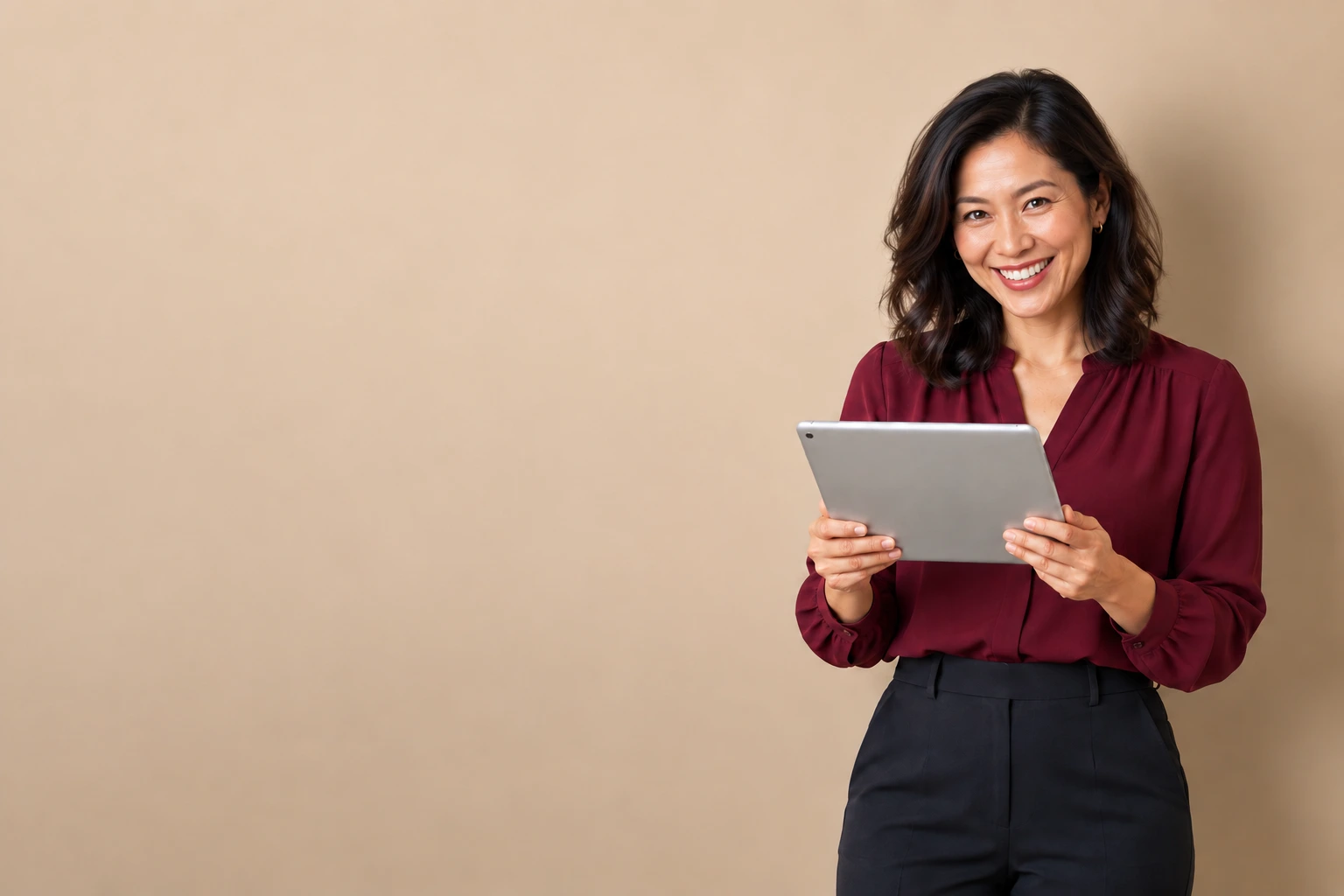 Smiling woman in a burgundy blouse holding a tablet against a warm neutral background