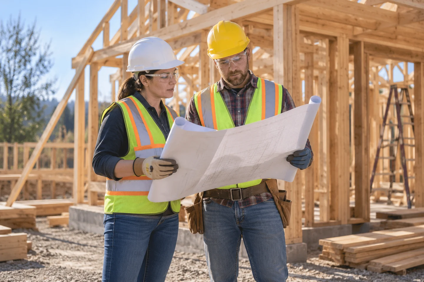 Construction crew reviewing plans at a timber-framed jobsite