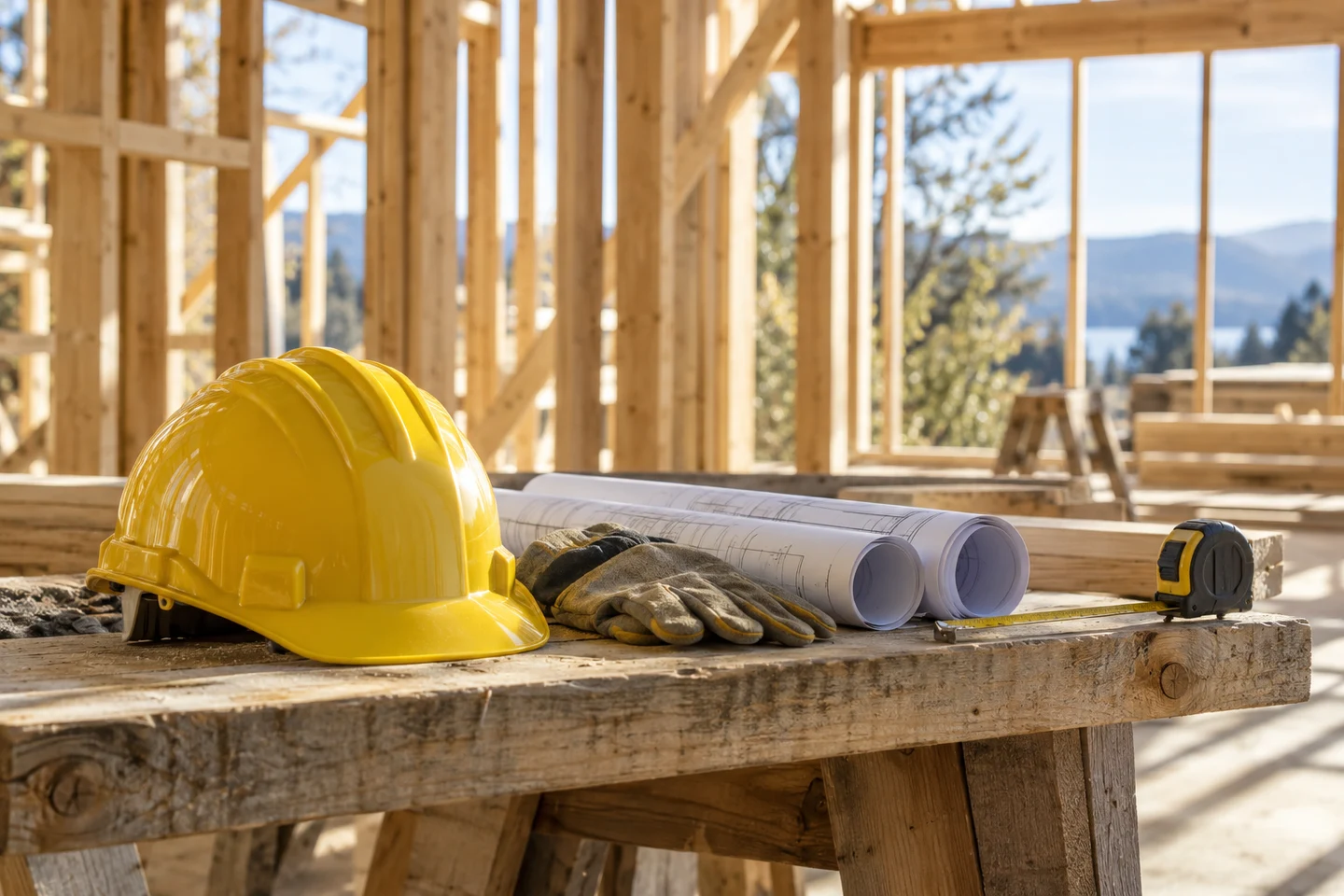 Hard hat, plans and tools on a jobsite workbench