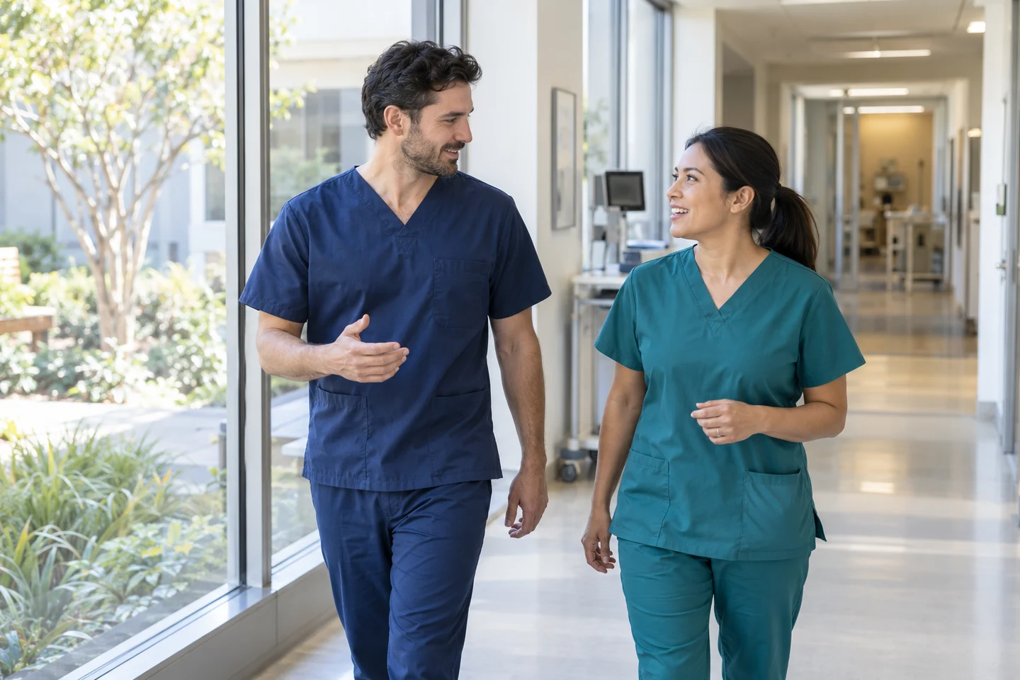 Healthcare professionals talking in a sunlit clinic corridor