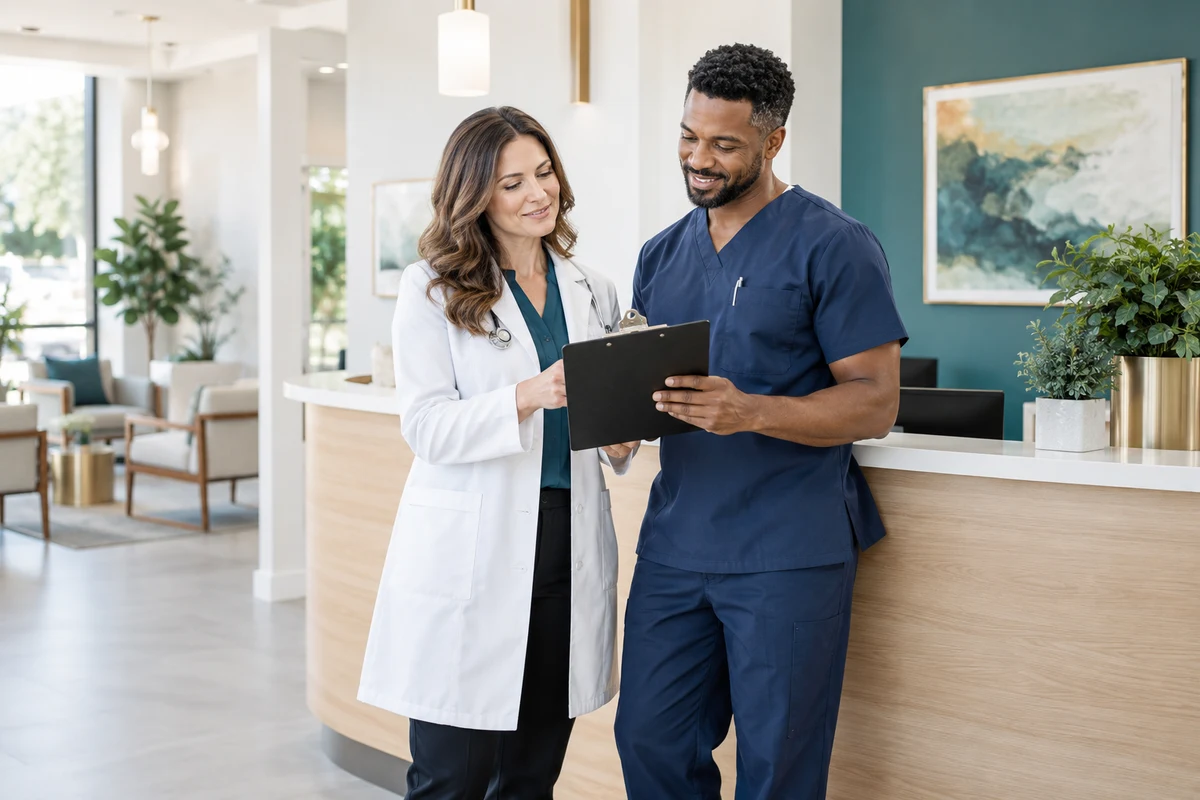 Two healthcare professionals reviewing a clipboard at a bright clinic reception