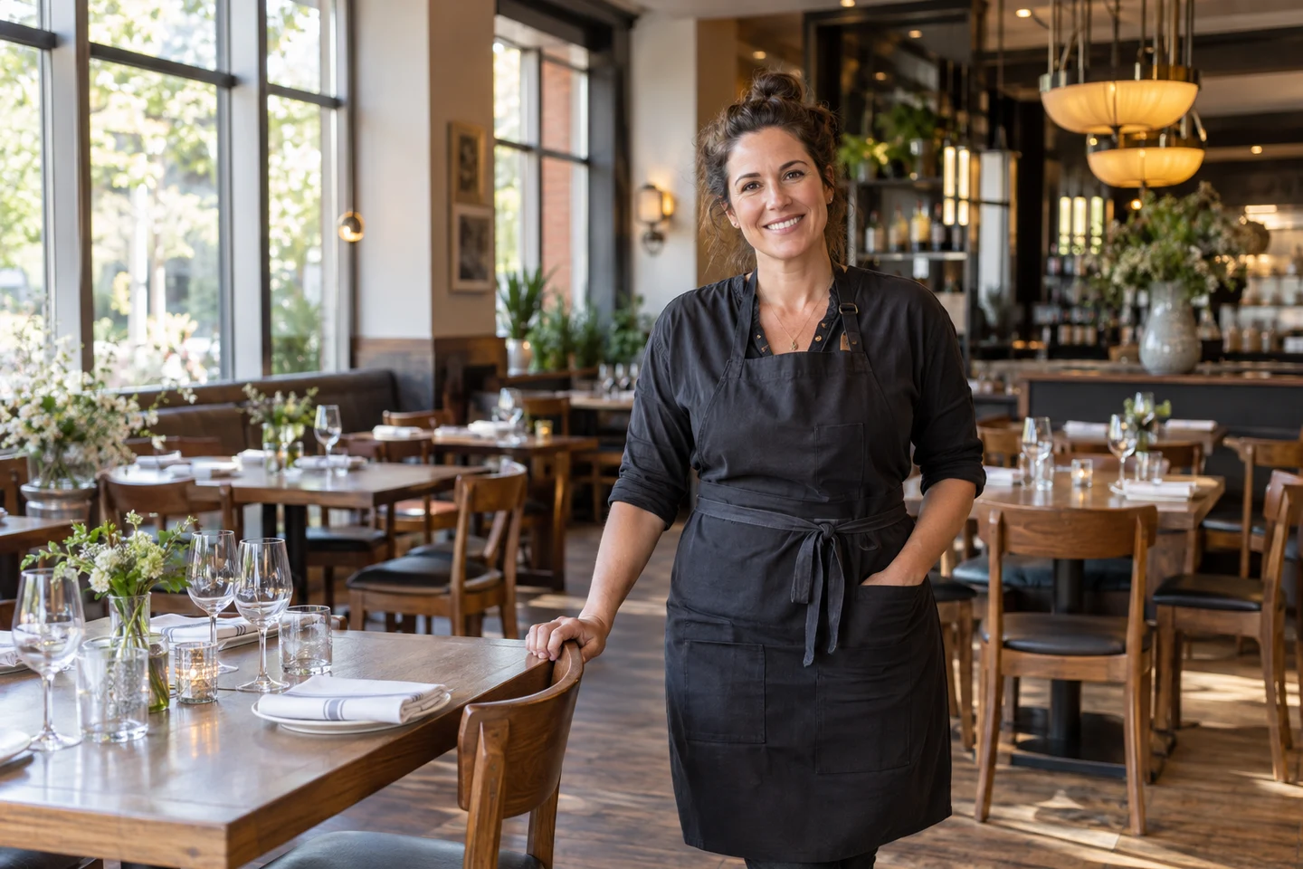 Restaurant owner smiling in a sunlit dining room