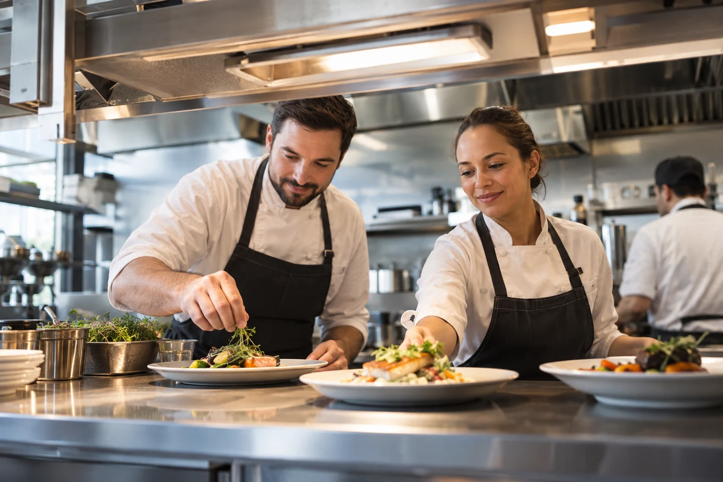 Restaurant kitchen teammates preparing plated dishes