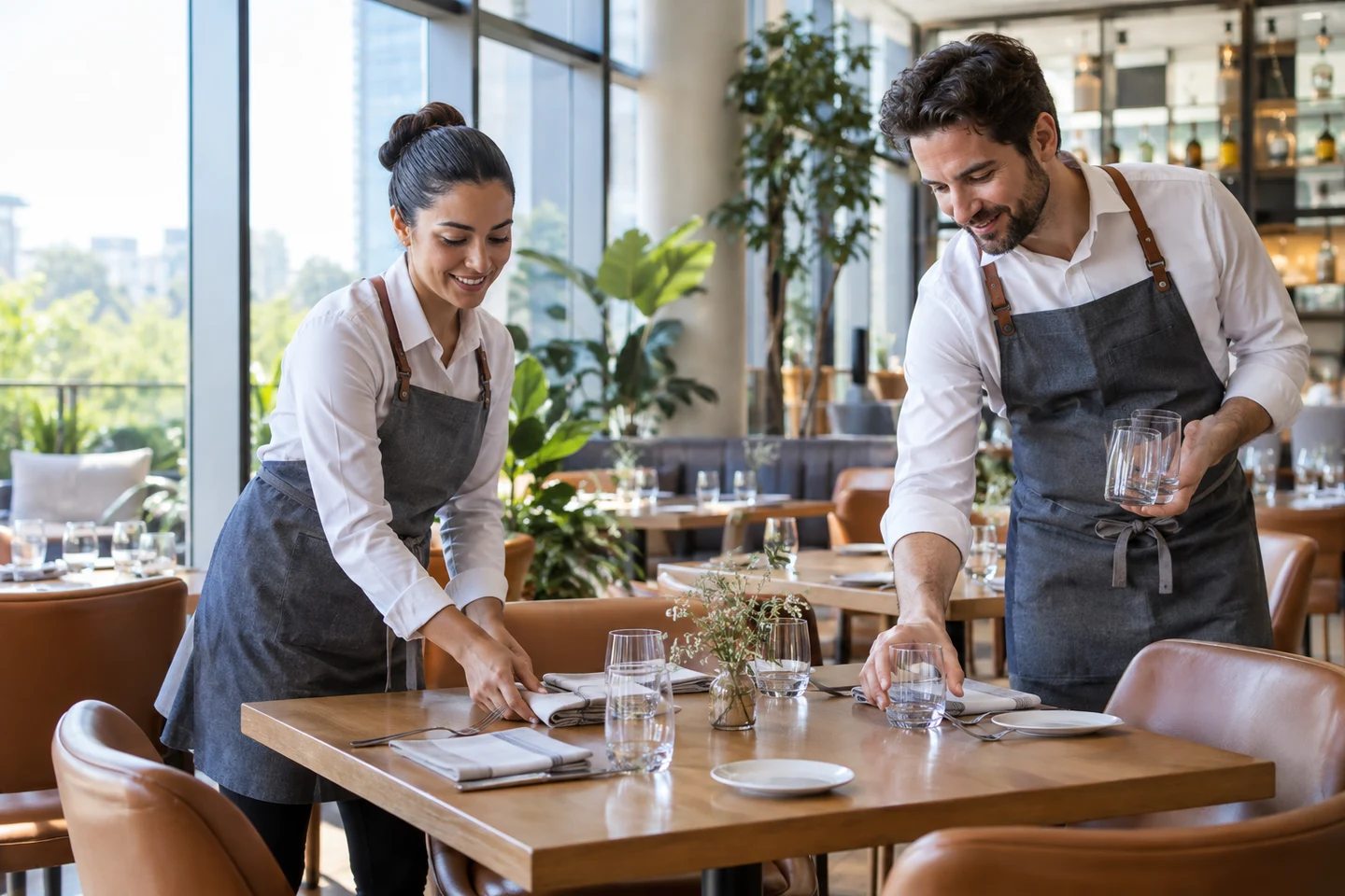Restaurant staff setting tables together before service