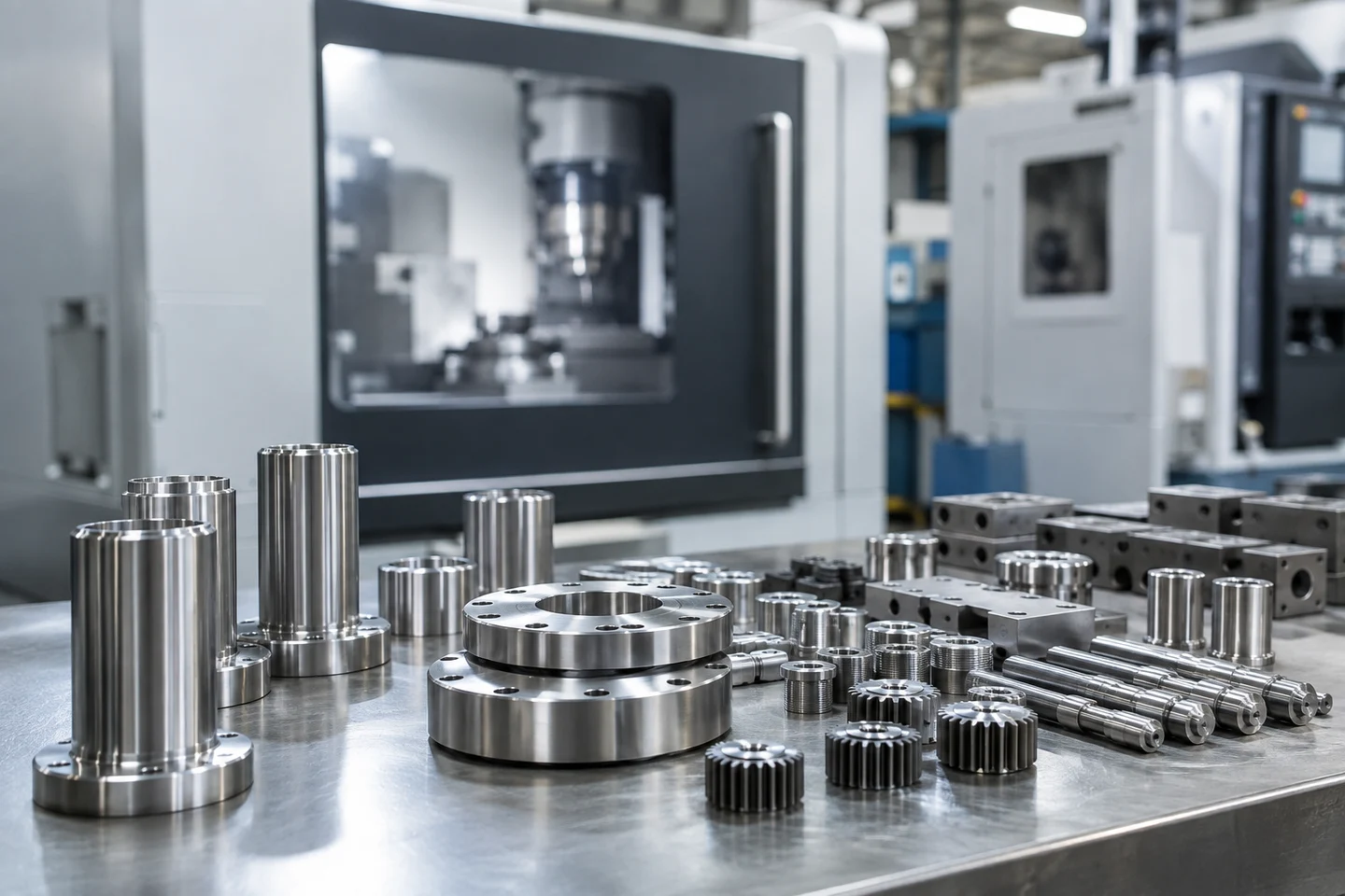 Precision-machined metal components on a clean factory workbench