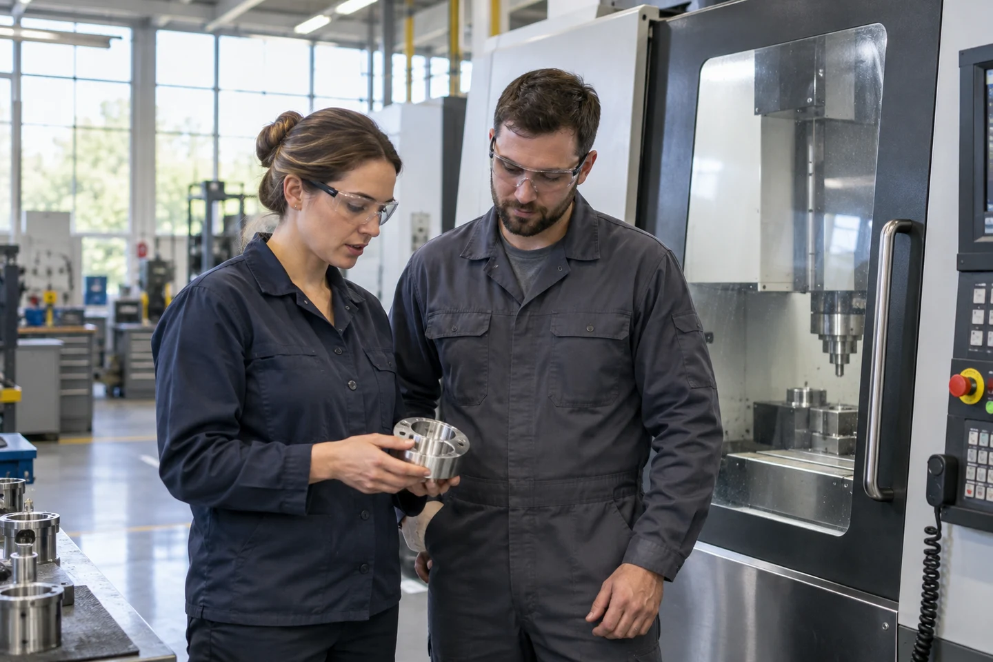 Manufacturing professionals inspecting a component beside a CNC machine