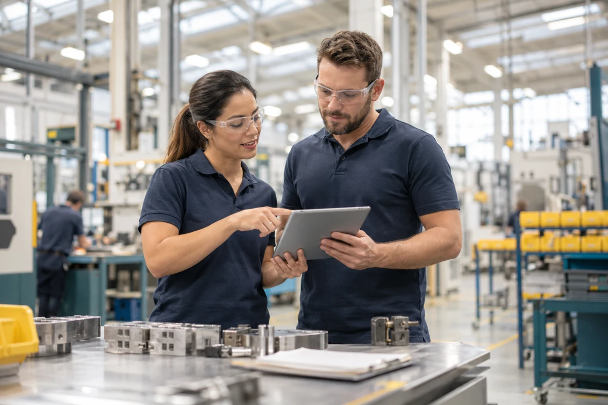 Two manufacturing supervisors reviewing a tablet at a bright factory workbench