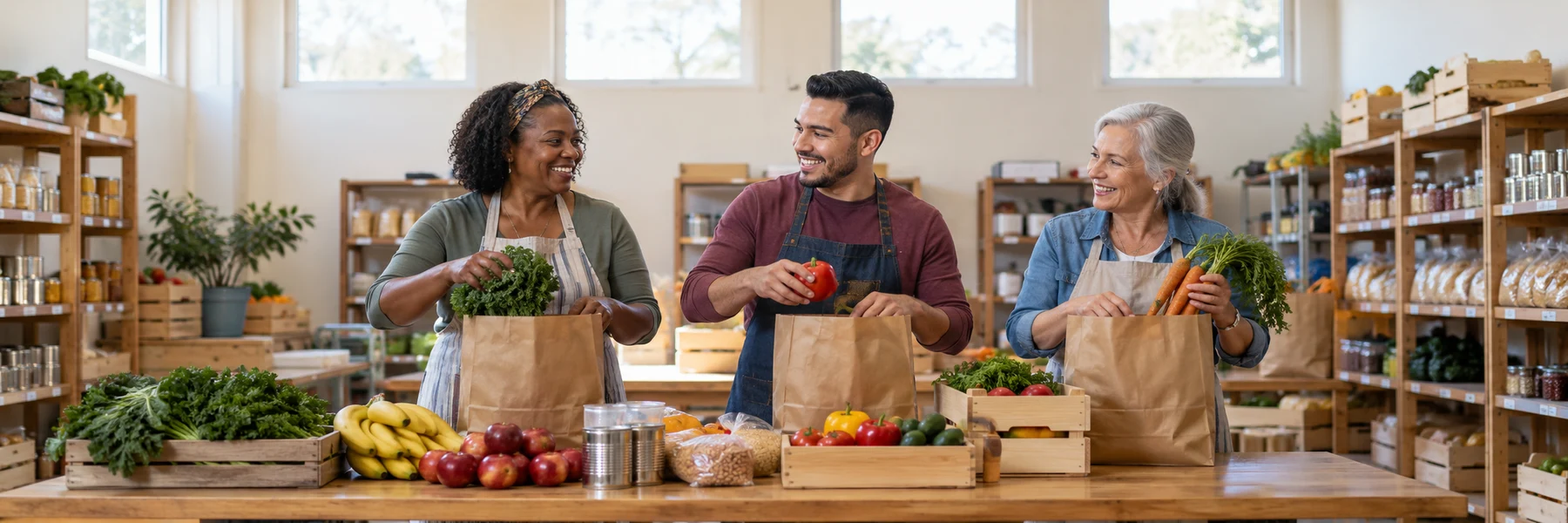 Volunteers packing fresh produce and groceries at a bright community food pantry