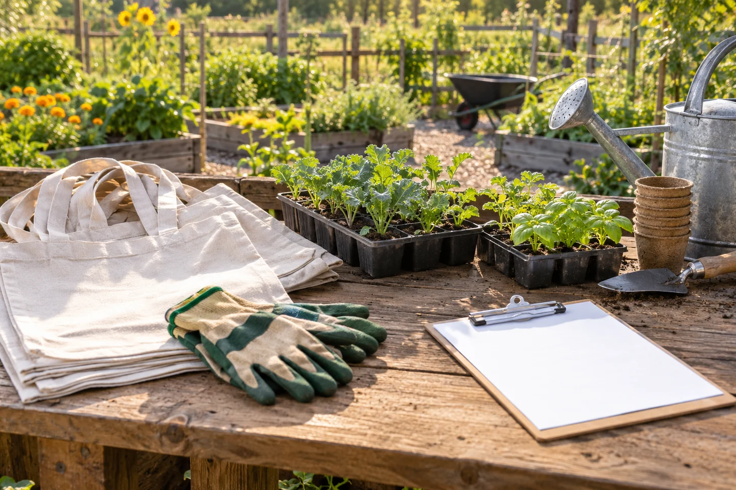 Gardening materials and event supplies beside a community garden