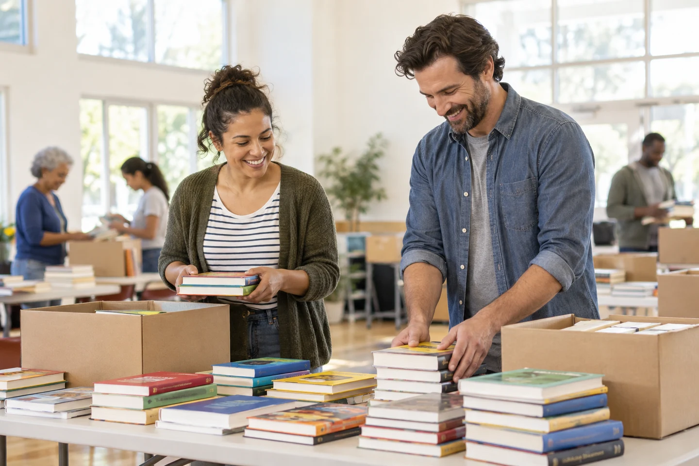 Community volunteers preparing books for a giveaway