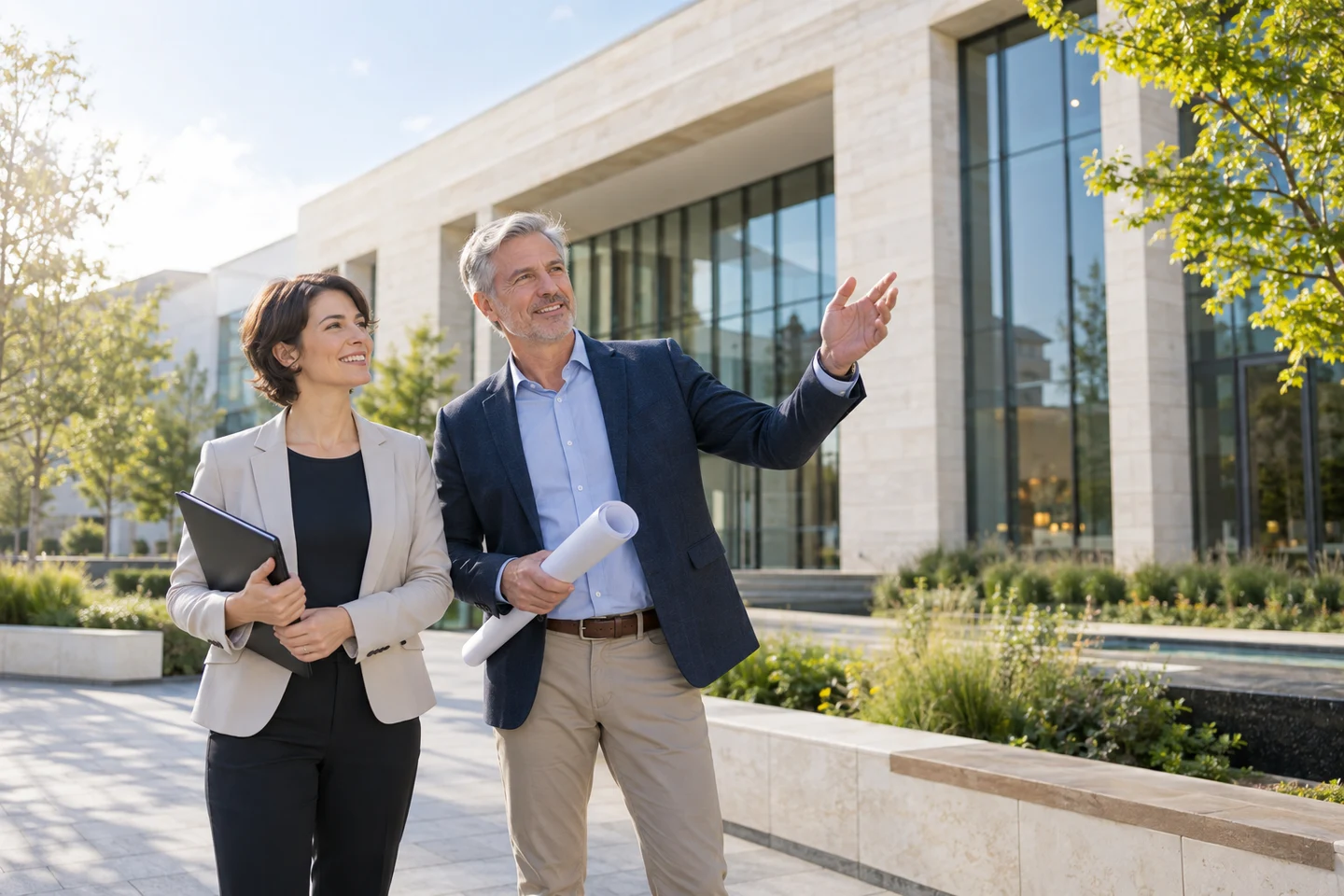Architectural consultants visiting a completed building in a landscaped courtyard