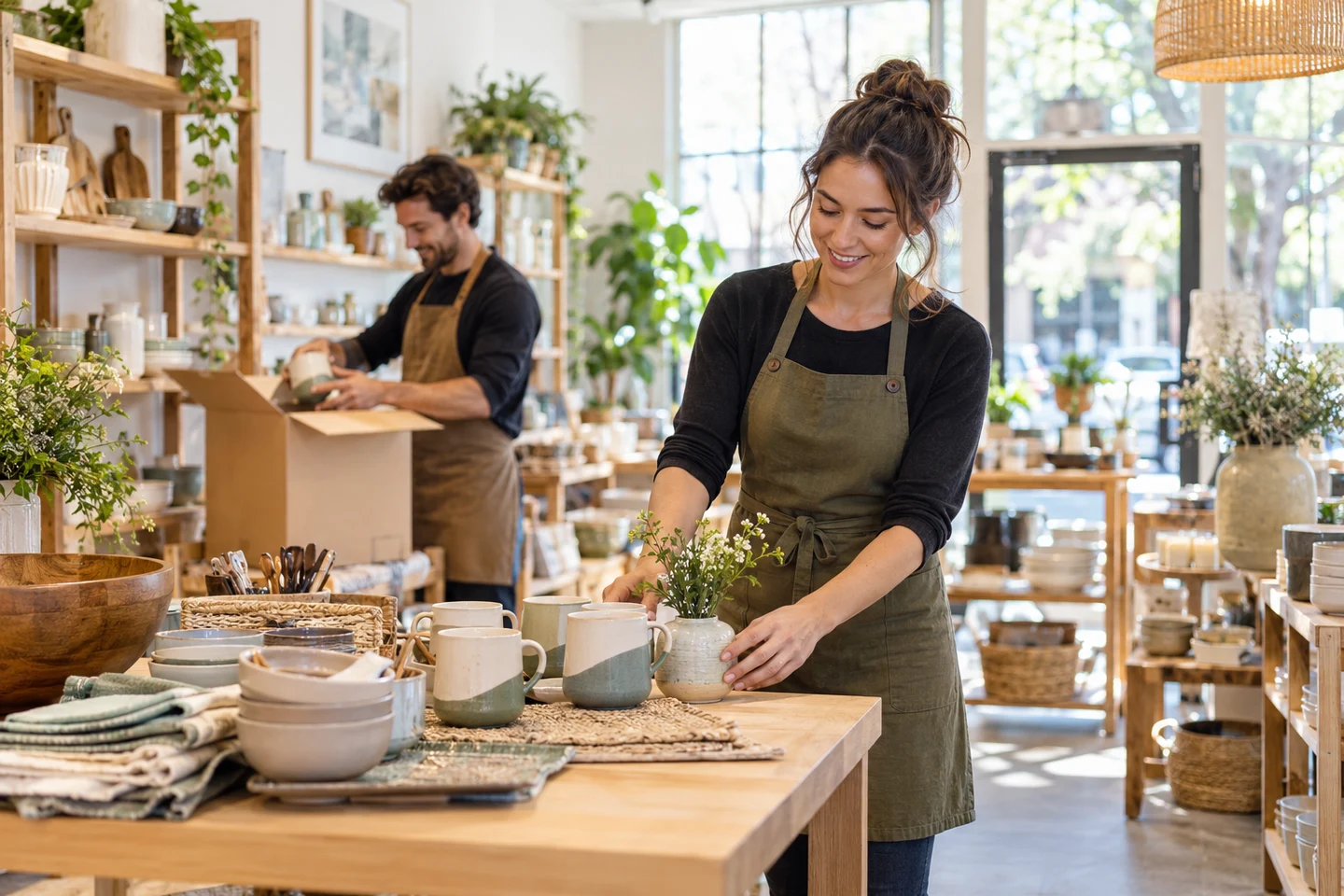 Retail staff arranging merchandise and preparing a bright homewares store for opening