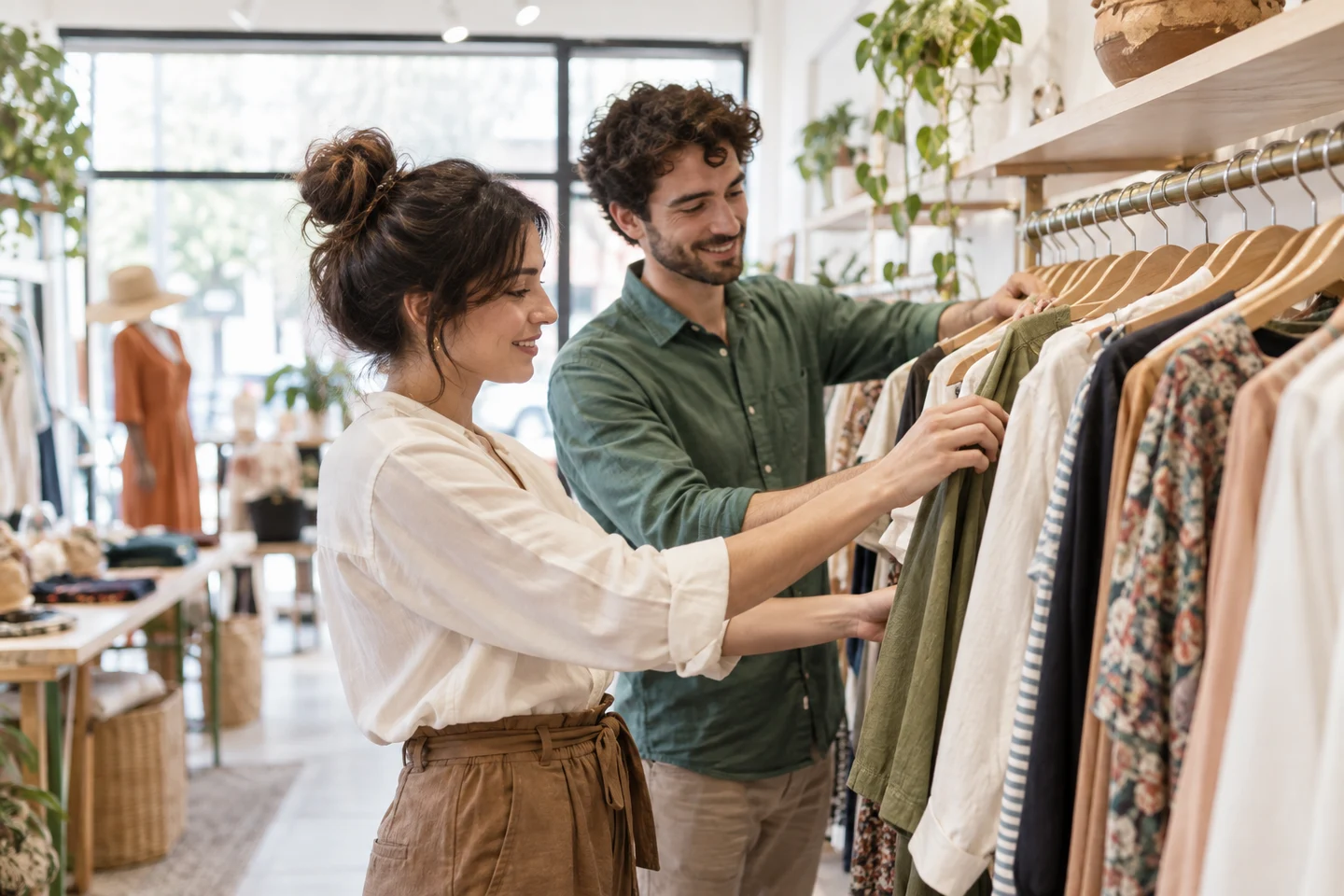 Shop employees arranging garments on a clothing rail