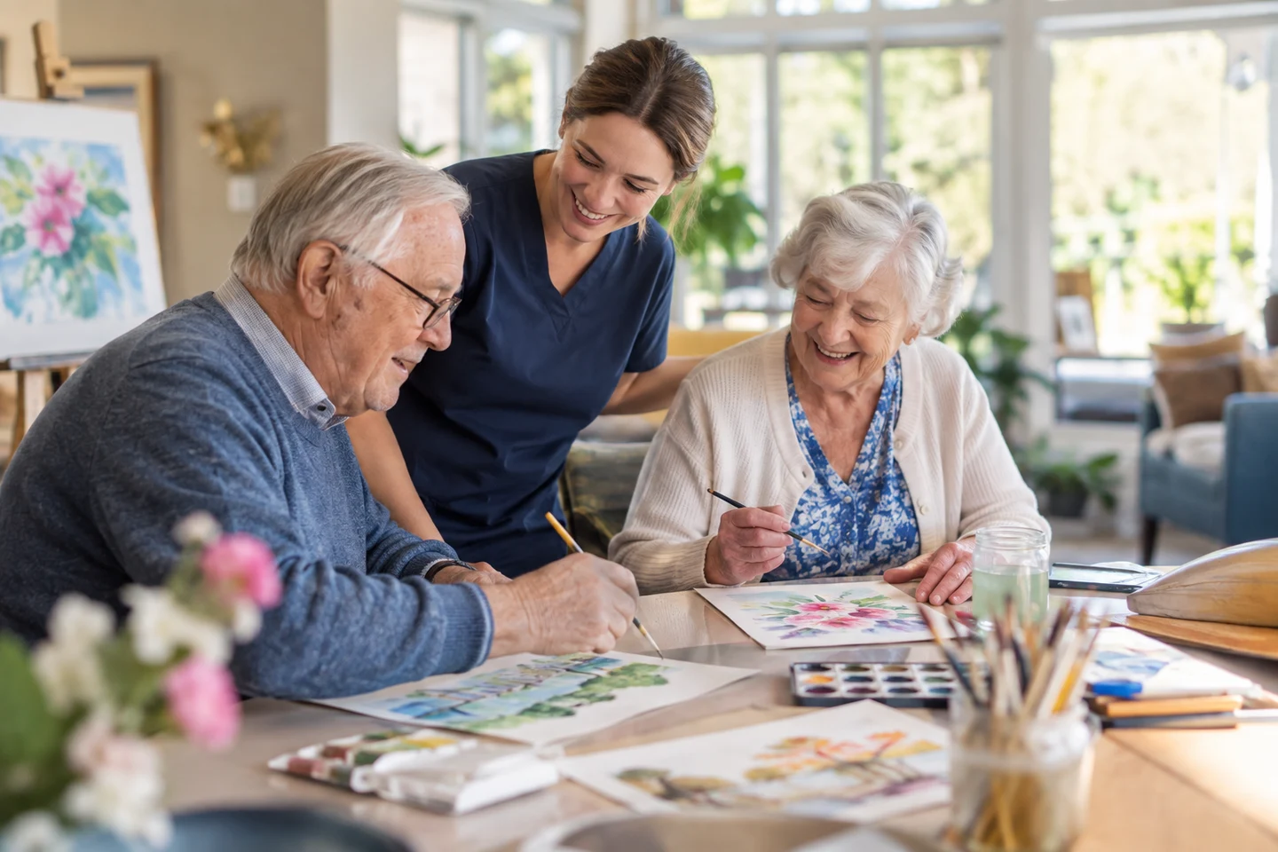 Residents and a staff member painting in a bright community activity room