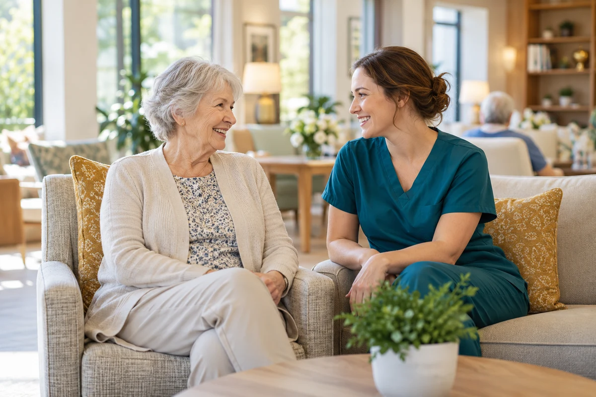 Resident and staff member sharing a conversation in a sunny senior living lounge