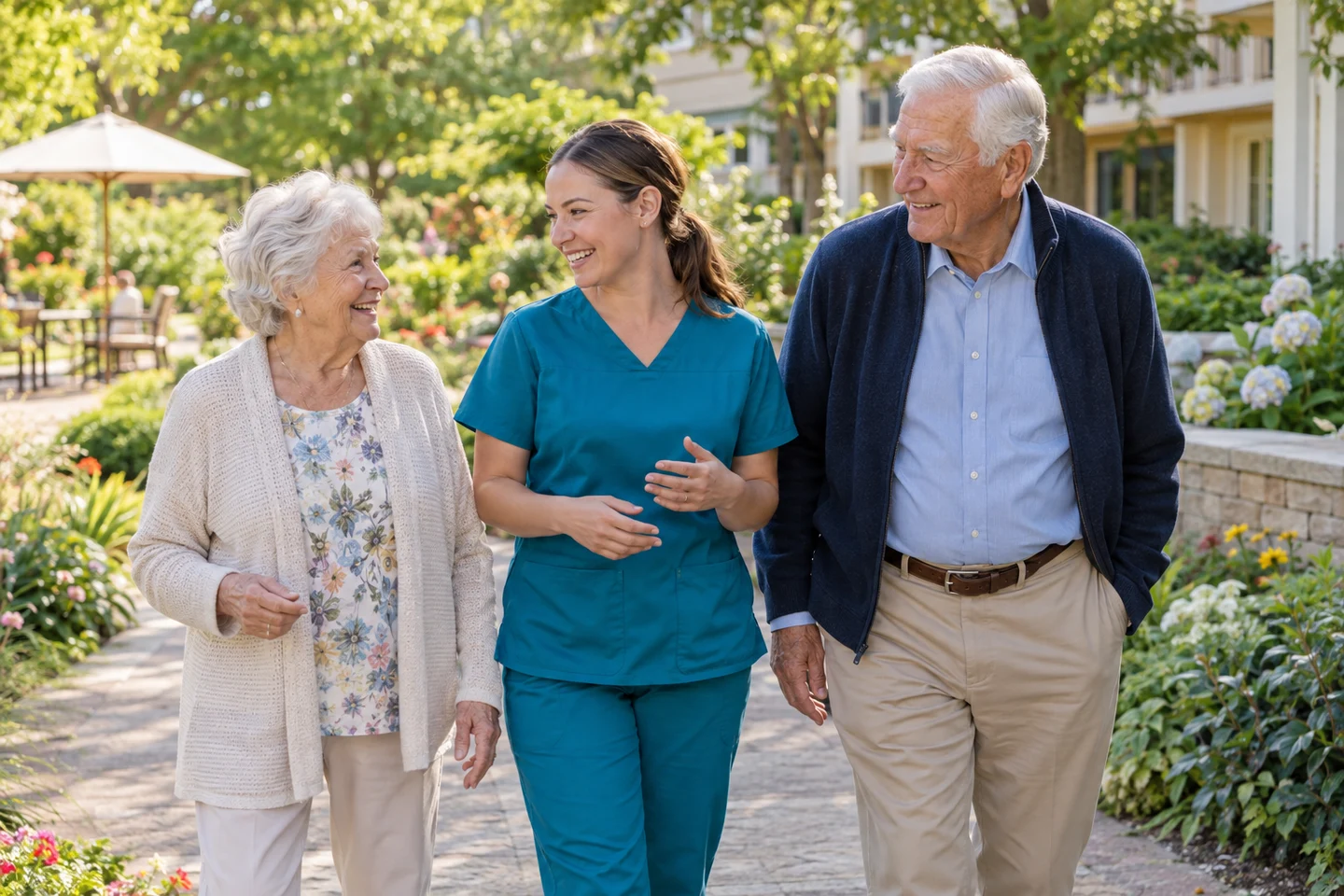 Caregiver and residents enjoying a senior living community garden