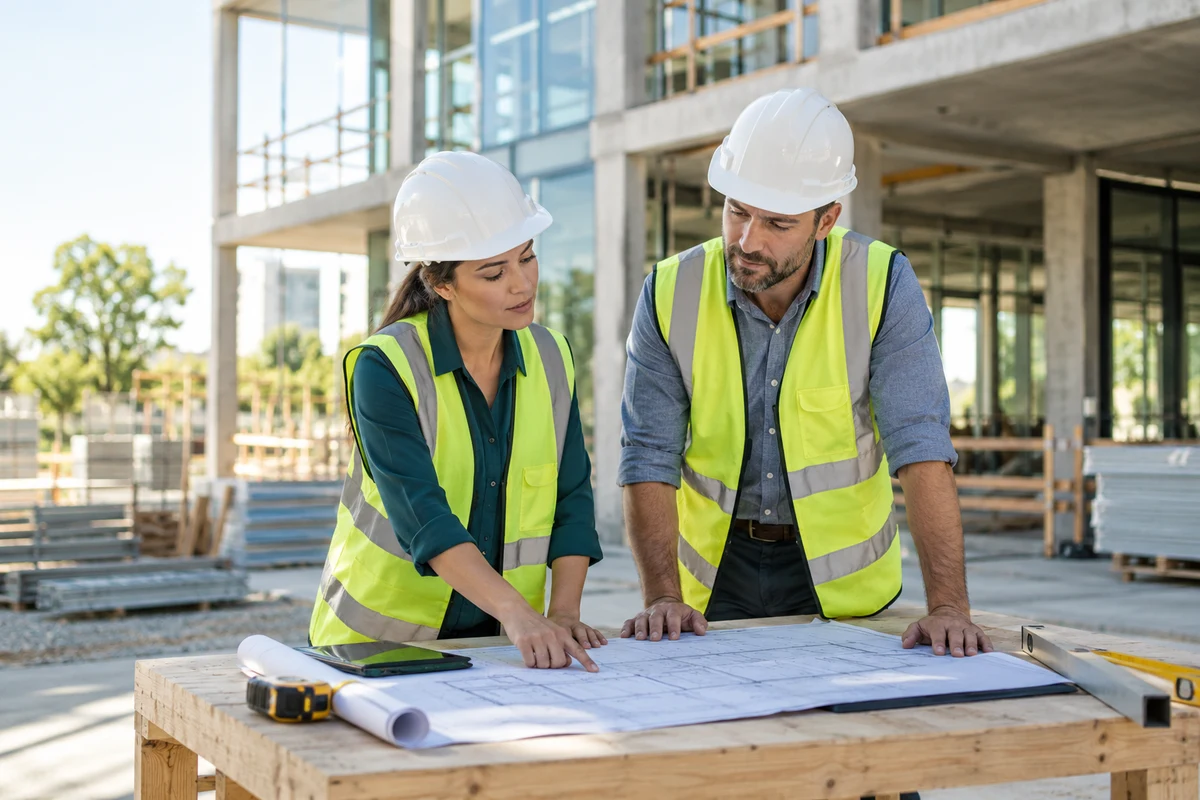 Two construction professionals reviewing plans at a bright jobsite