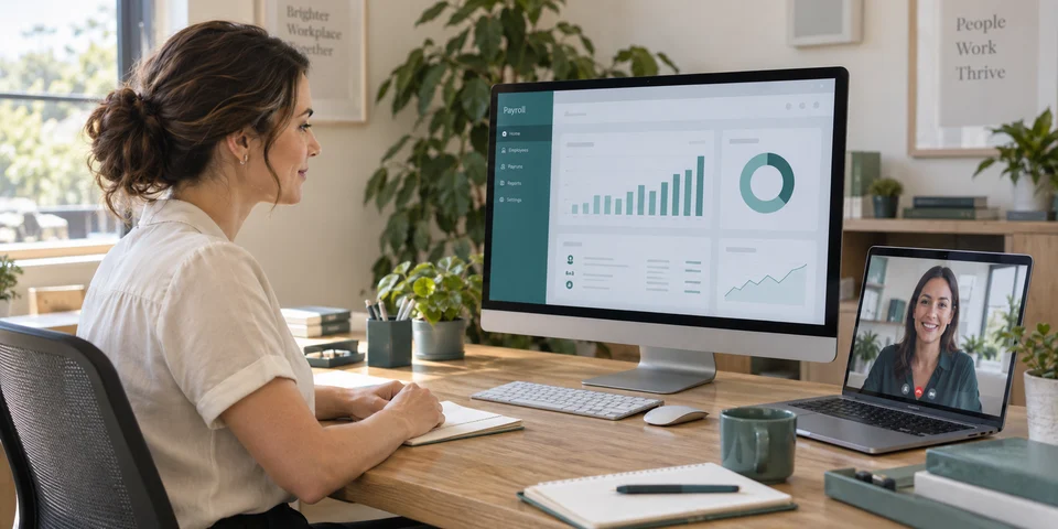 Office manager reviewing an illustrative payroll dashboard with remote support