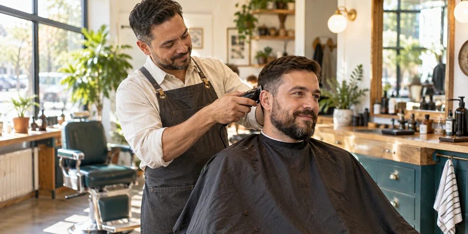 Barber serving a customer in a sunlit neighborhood barbershop