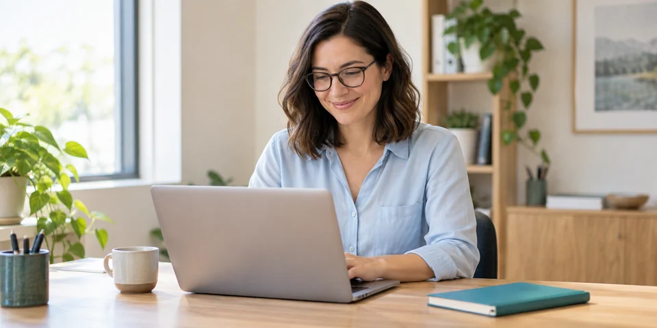 Business owner working at her laptop in a bright office