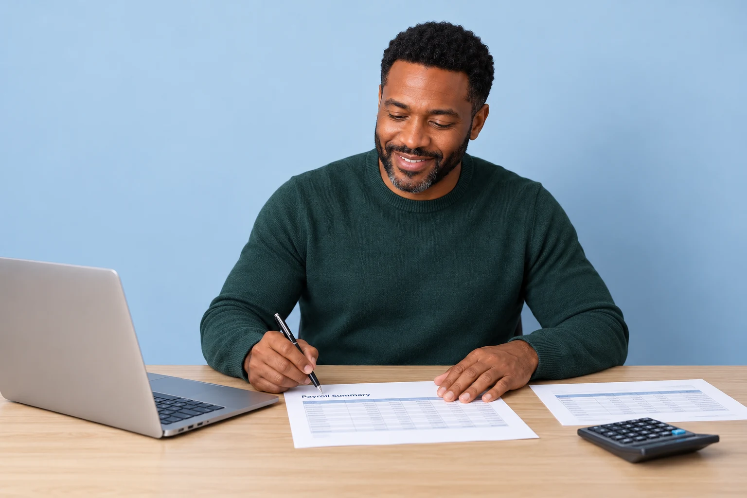 Payroll professional reviewing a payroll summary beside a laptop and calculator