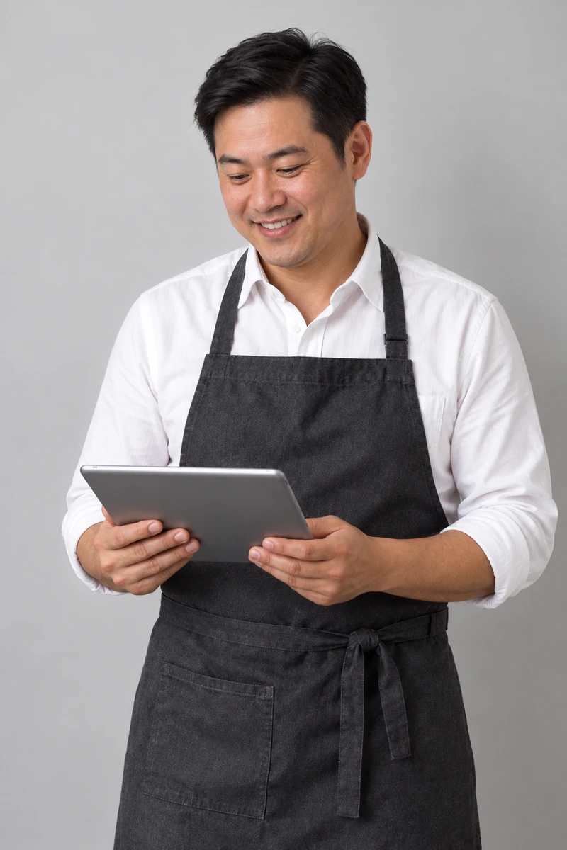 Café owner reviewing a tablet against a clean studio backdrop