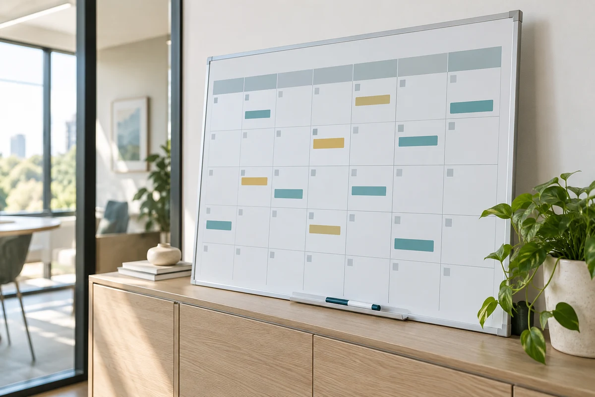 Monthly attendance planner with colored markers in a sunlit workspace