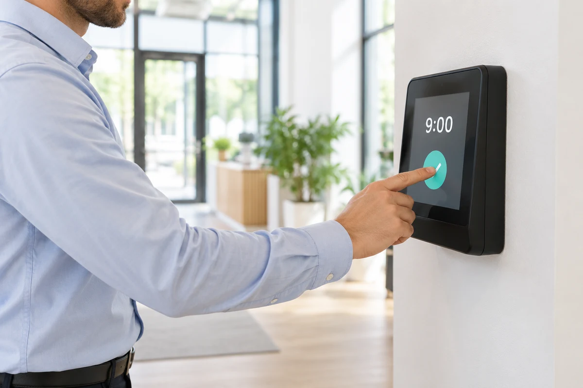 Employee using a wall-mounted time clock
