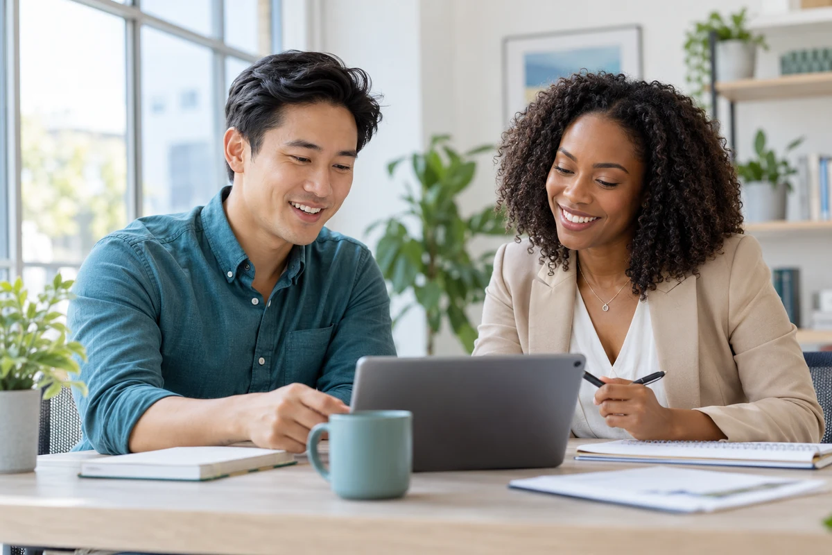 Two coworkers reviewing information on a tablet in a bright office