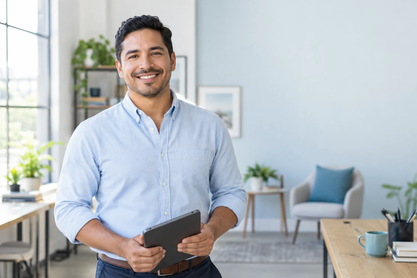 Smiling business owner holding a tablet in a bright office