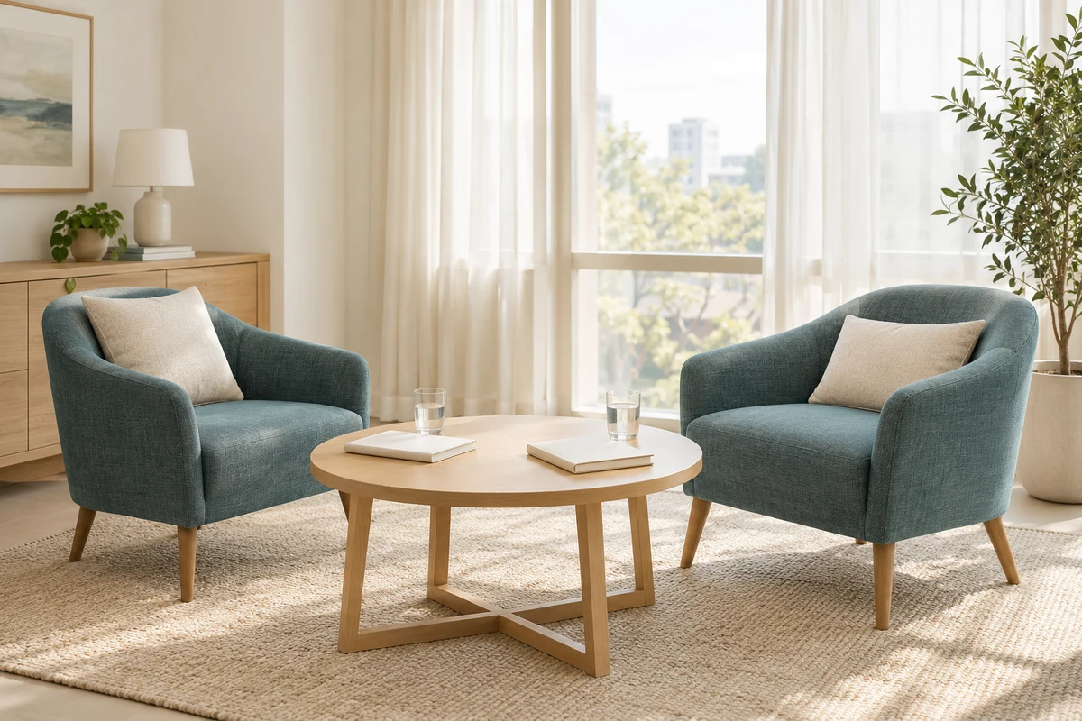 Two welcoming chairs and notebooks prepared for a conversation in a sunlit office