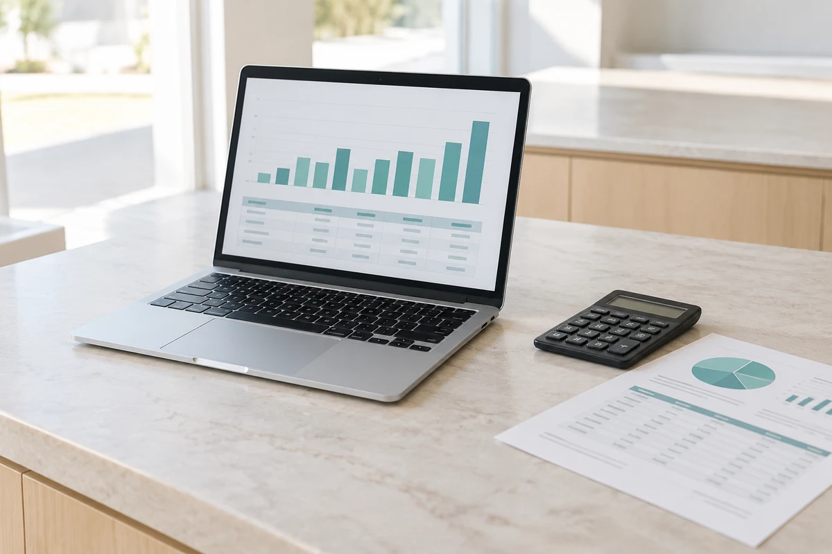 Laptop, calculator and payroll summary arranged on a bright work surface