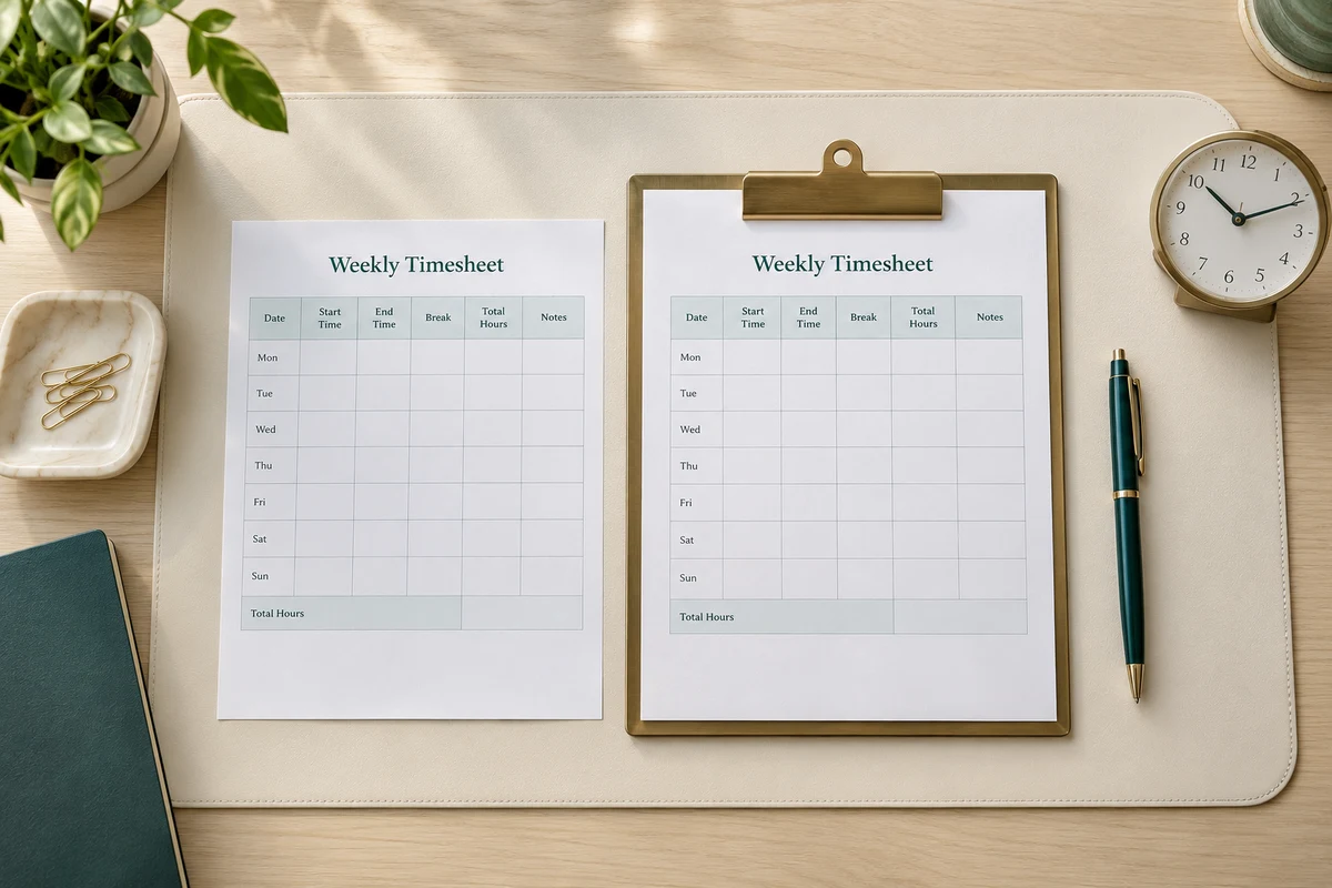 Weekly timesheets and a pen arranged on a bright desk